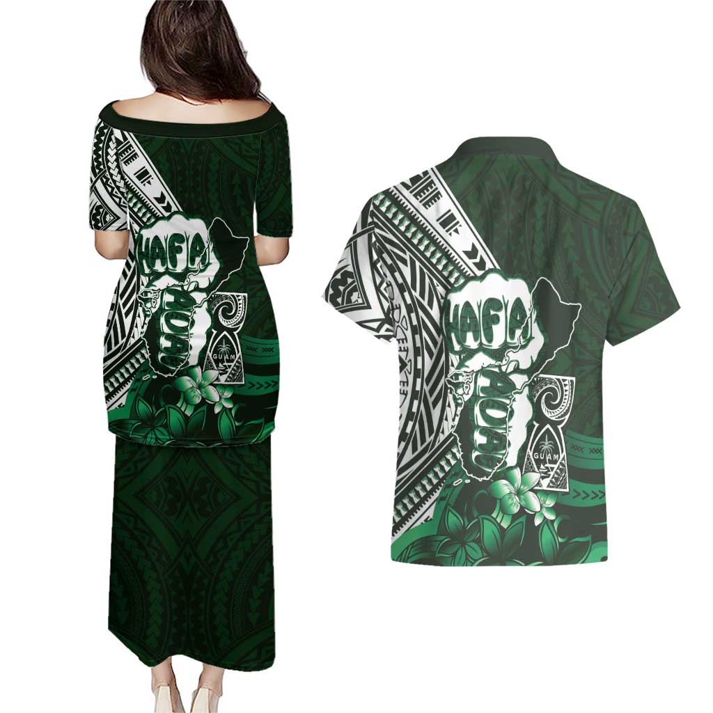 Hafa Adai Guam Discovery Day Couples Matching Puletasi and Hawaiian Shirt Chamorro Latte Stone Hand Green Version