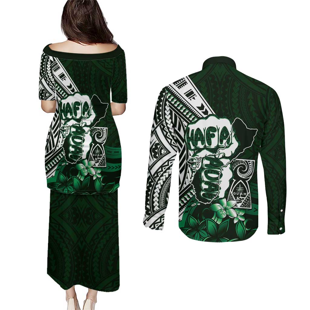 Hafa Adai Guam Discovery Day Couples Matching Puletasi and Long Sleeve Button Shirt Chamorro Latte Stone Hand Green Version