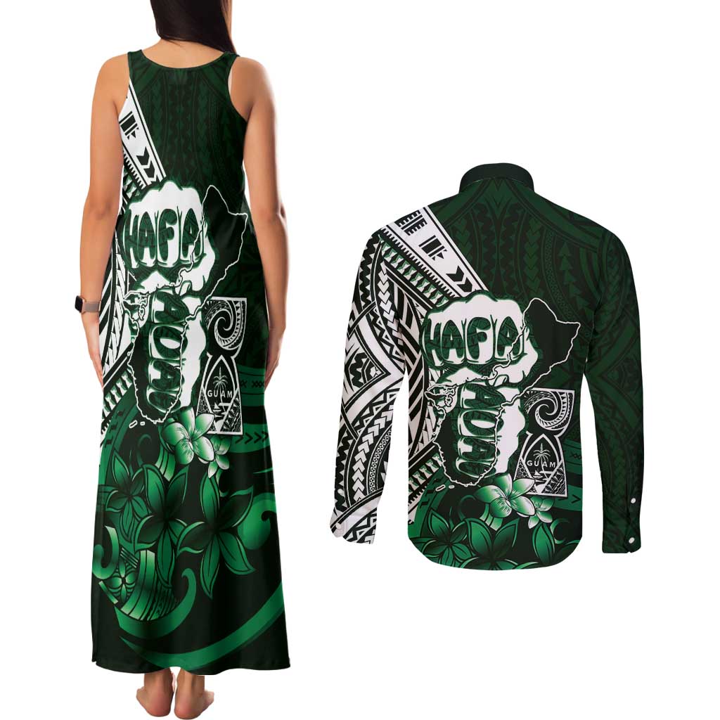 Hafa Adai Guam Discovery Day Couples Matching Tank Maxi Dress and Long Sleeve Button Shirt Chamorro Latte Stone Hand Green Version