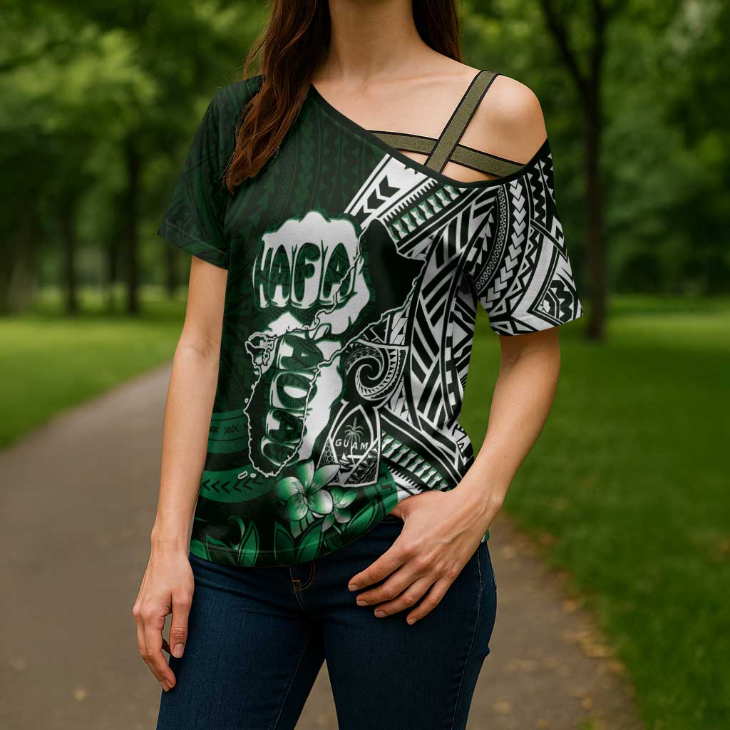 Hafa Adai Guam Discovery Day Cross Shoulder Shirt Chamorro Latte Stone Hand Green Version
