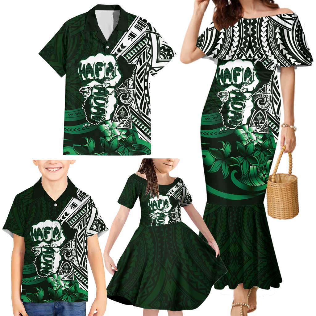 Hafa Adai Guam Discovery Day Family Matching Mermaid Dress and Hawaiian Shirt Chamorro Latte Stone Hand Green Version LT14 - Polynesian Pride