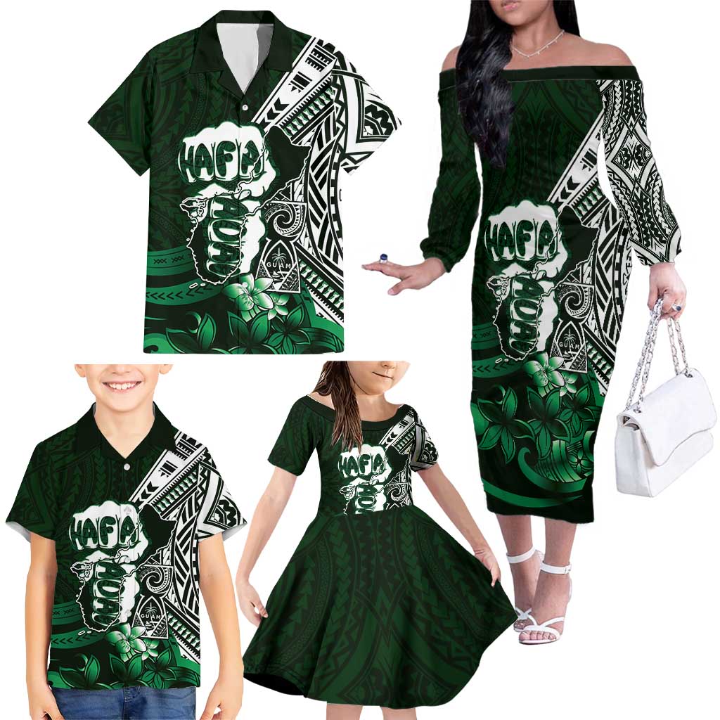 Hafa Adai Guam Discovery Day Family Matching Off The Shoulder Long Sleeve Dress and Hawaiian Shirt Chamorro Latte Stone Hand Green Version