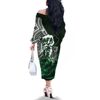 Hafa Adai Guam Discovery Day Family Matching Off The Shoulder Long Sleeve Dress and Hawaiian Shirt Chamorro Latte Stone Hand Green Version LT14 - Polynesian Pride
