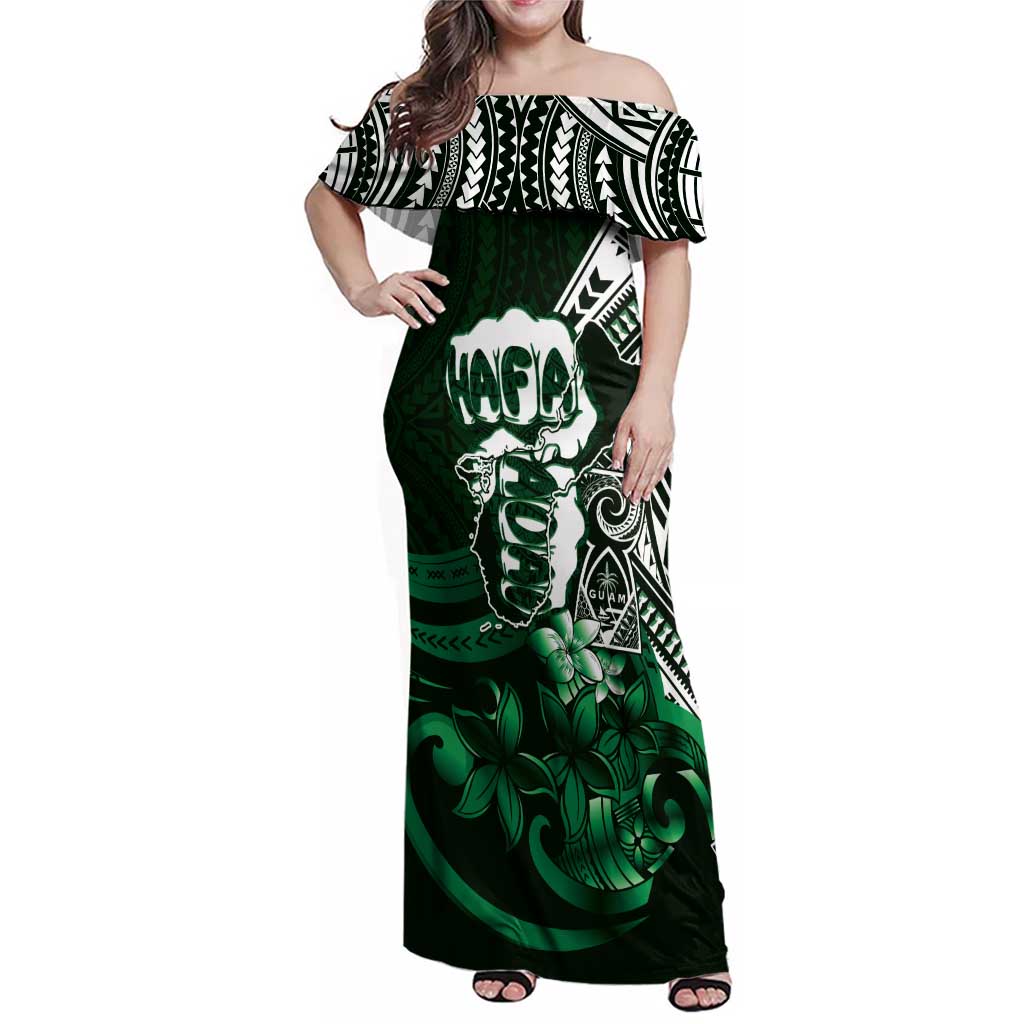 Hafa Adai Guam Discovery Day Family Matching Off Shoulder Maxi Dress and Hawaiian Shirt Chamorro Latte Stone Hand Green Version