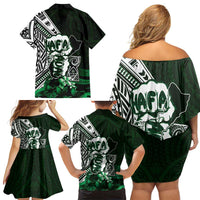 Hafa Adai Guam Discovery Day Family Matching Off Shoulder Short Dress and Hawaiian Shirt Chamorro Latte Stone Hand Green Version
