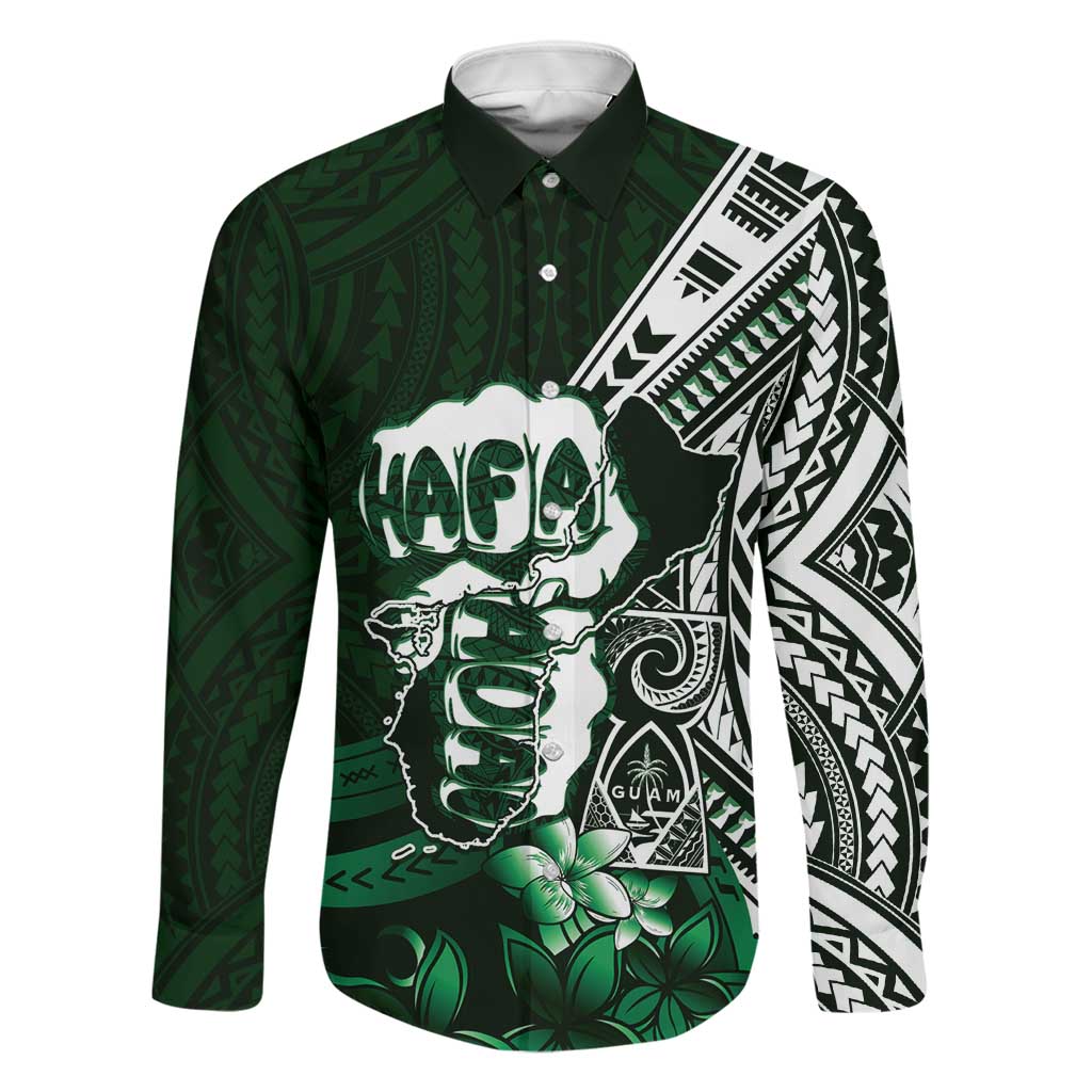 Hafa Adai Guam Discovery Day Family Matching Off Shoulder Short Dress and Hawaiian Shirt Chamorro Latte Stone Hand Green Version
