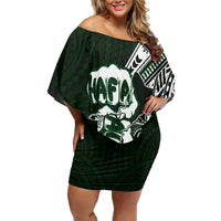 Hafa Adai Guam Discovery Day Family Matching Off Shoulder Short Dress and Hawaiian Shirt Chamorro Latte Stone Hand Green Version