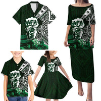 Hafa Adai Guam Discovery Day Family Matching Puletasi and Hawaiian Shirt Chamorro Latte Stone Hand Green Version