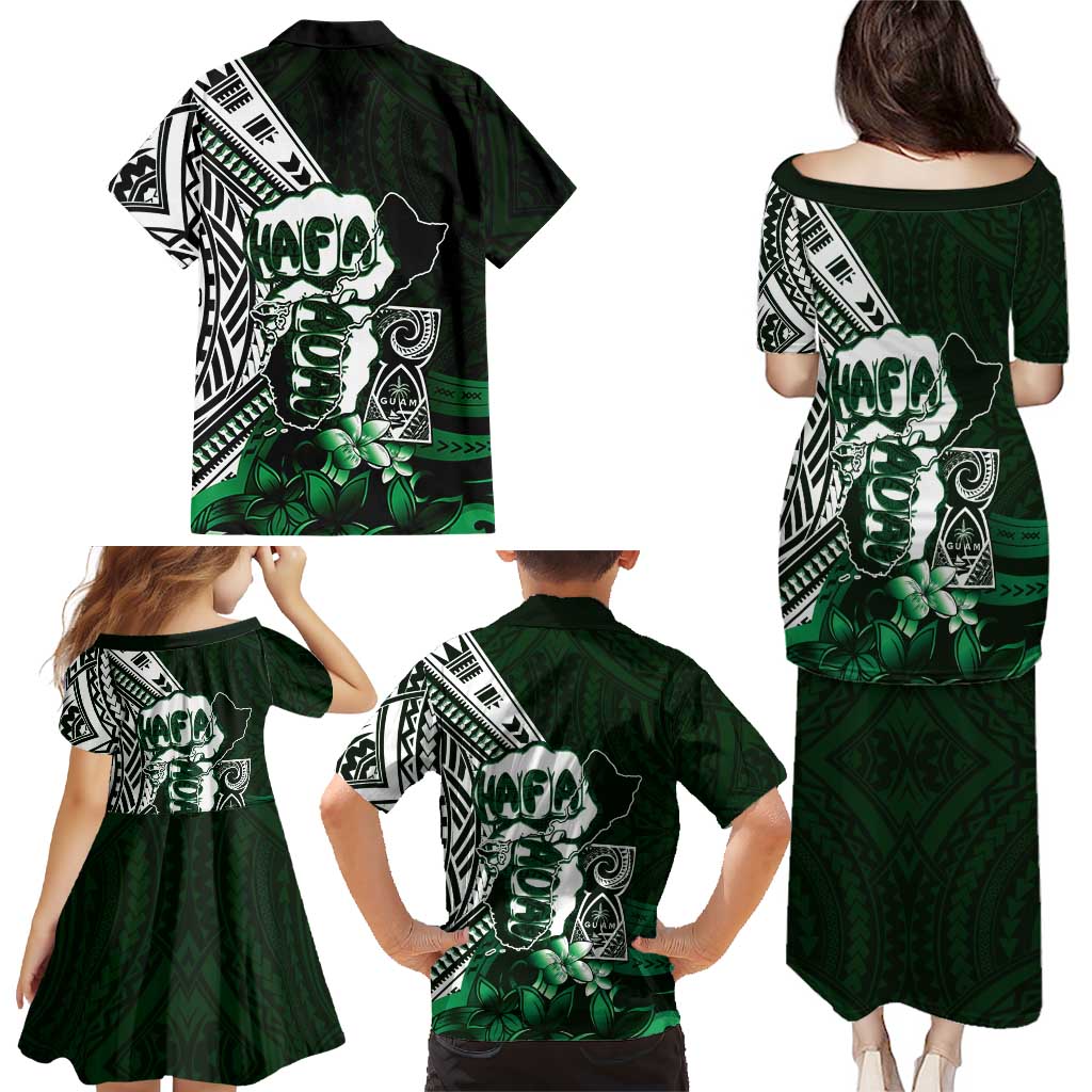 Hafa Adai Guam Discovery Day Family Matching Puletasi and Hawaiian Shirt Chamorro Latte Stone Hand Green Version