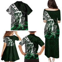 Hafa Adai Guam Discovery Day Family Matching Puletasi and Hawaiian Shirt Chamorro Latte Stone Hand Green Version
