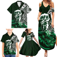 Hafa Adai Guam Discovery Day Family Matching Summer Maxi Dress and Hawaiian Shirt Chamorro Latte Stone Hand Green Version
