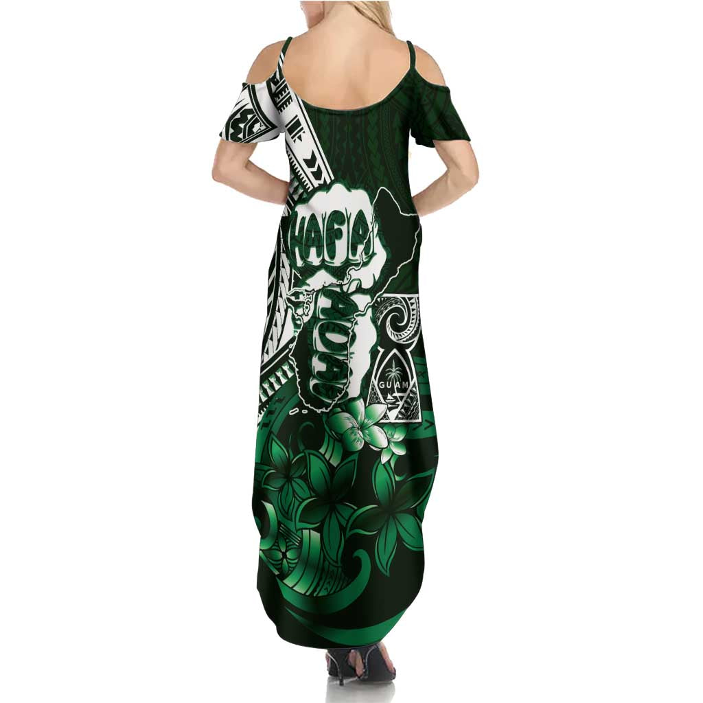 Hafa Adai Guam Discovery Day Family Matching Summer Maxi Dress and Hawaiian Shirt Chamorro Latte Stone Hand Green Version