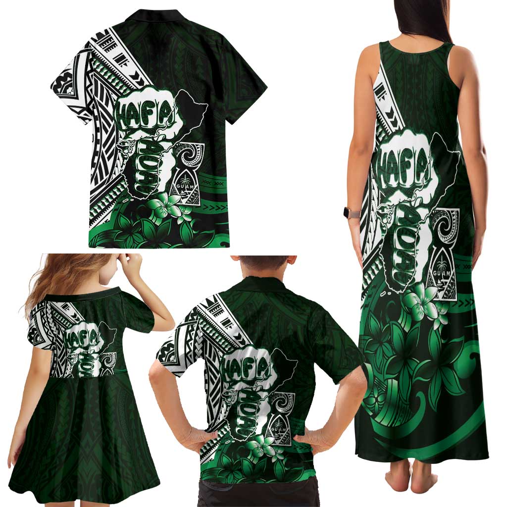 Hafa Adai Guam Discovery Day Family Matching Tank Maxi Dress and Hawaiian Shirt Chamorro Latte Stone Hand Green Version