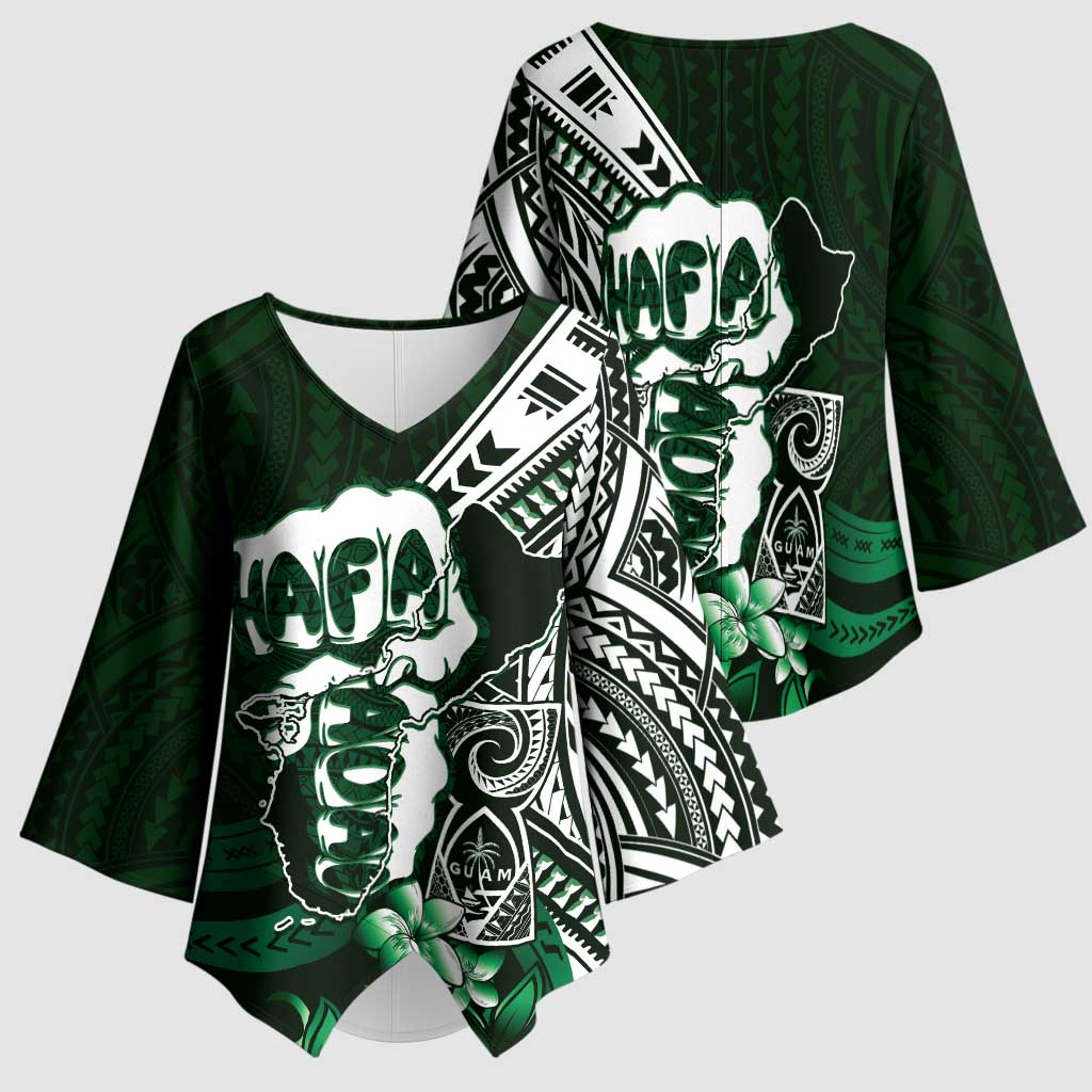 Hafa Adai Guam Discovery Day Kimono Sleeve Blouse Chamorro Latte Stone Hand Green Version
