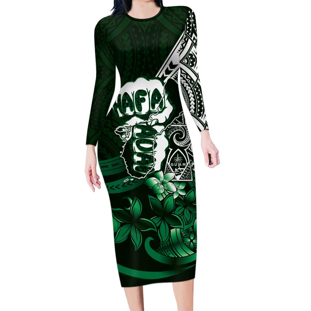 Hafa Adai Guam Discovery Day Long Sleeve Bodycon Dress Chamorro Latte Stone Hand Green Version