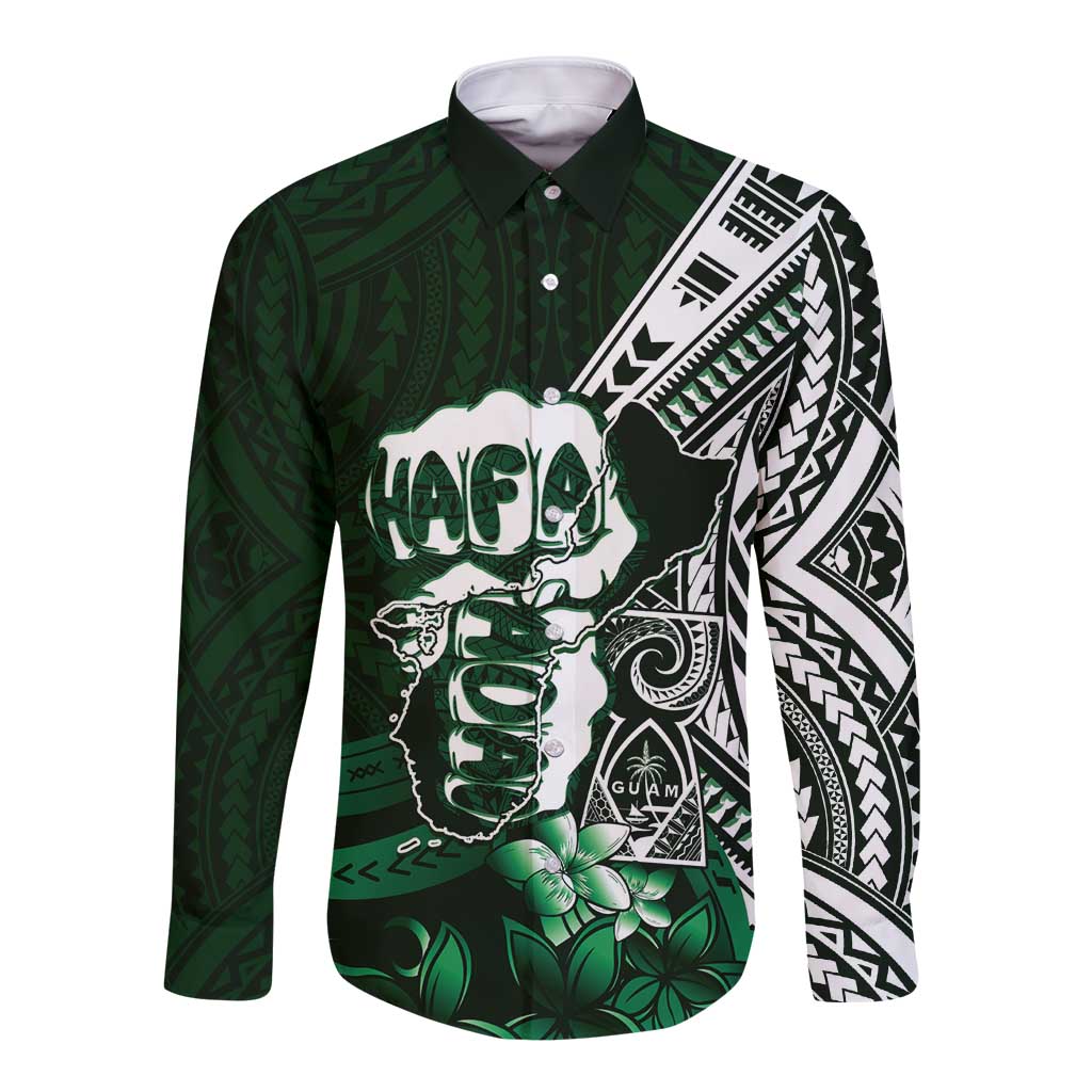 Hafa Adai Guam Discovery Day Long Sleeve Button Shirt Chamorro Latte Stone Hand Green Version