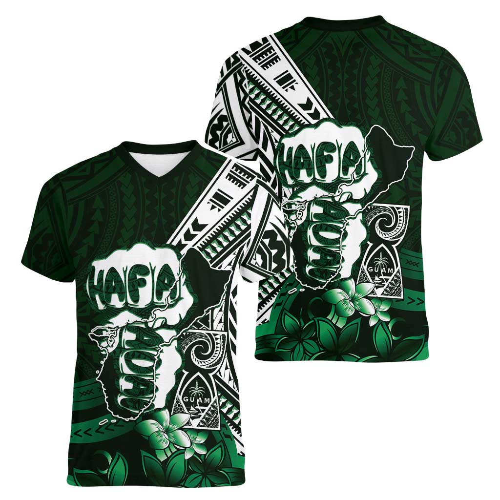 Hafa Adai Guam Discovery Day Women V-Neck T-Shirt Chamorro Latte Stone Hand Green Version