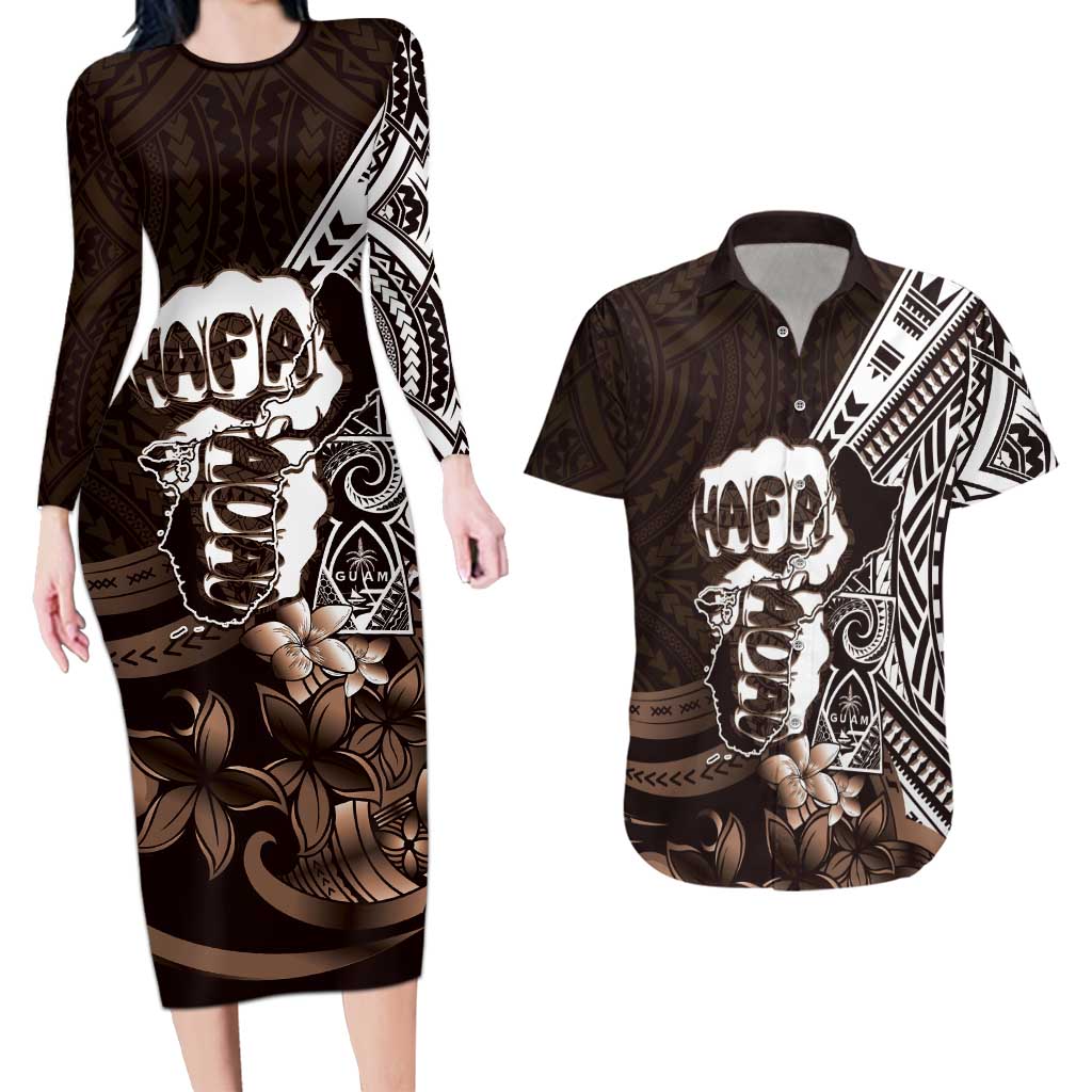 Hafa Adai Guam Discovery Day Couples Matching Long Sleeve Bodycon Dress and Hawaiian Shirt Chamorro Latte Stone Hand Brown Version