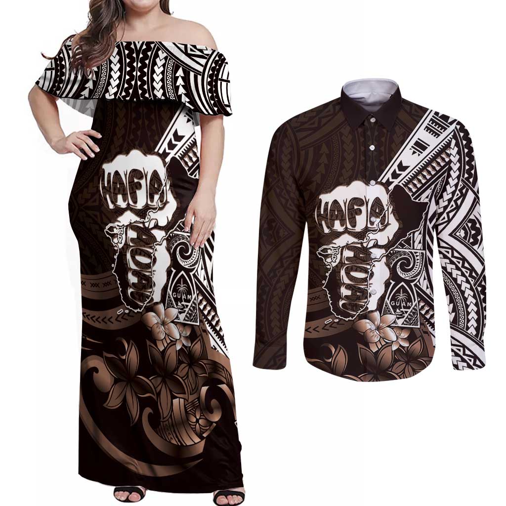 Hafa Adai Guam Discovery Day Couples Matching Off Shoulder Maxi Dress and Long Sleeve Button Shirt Chamorro Latte Stone Hand Brown Version