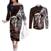 Hafa Adai Guam Discovery Day Couples Matching Off The Shoulder Long Sleeve Dress and Long Sleeve Button Shirt Chamorro Latte Stone Hand Brown Version