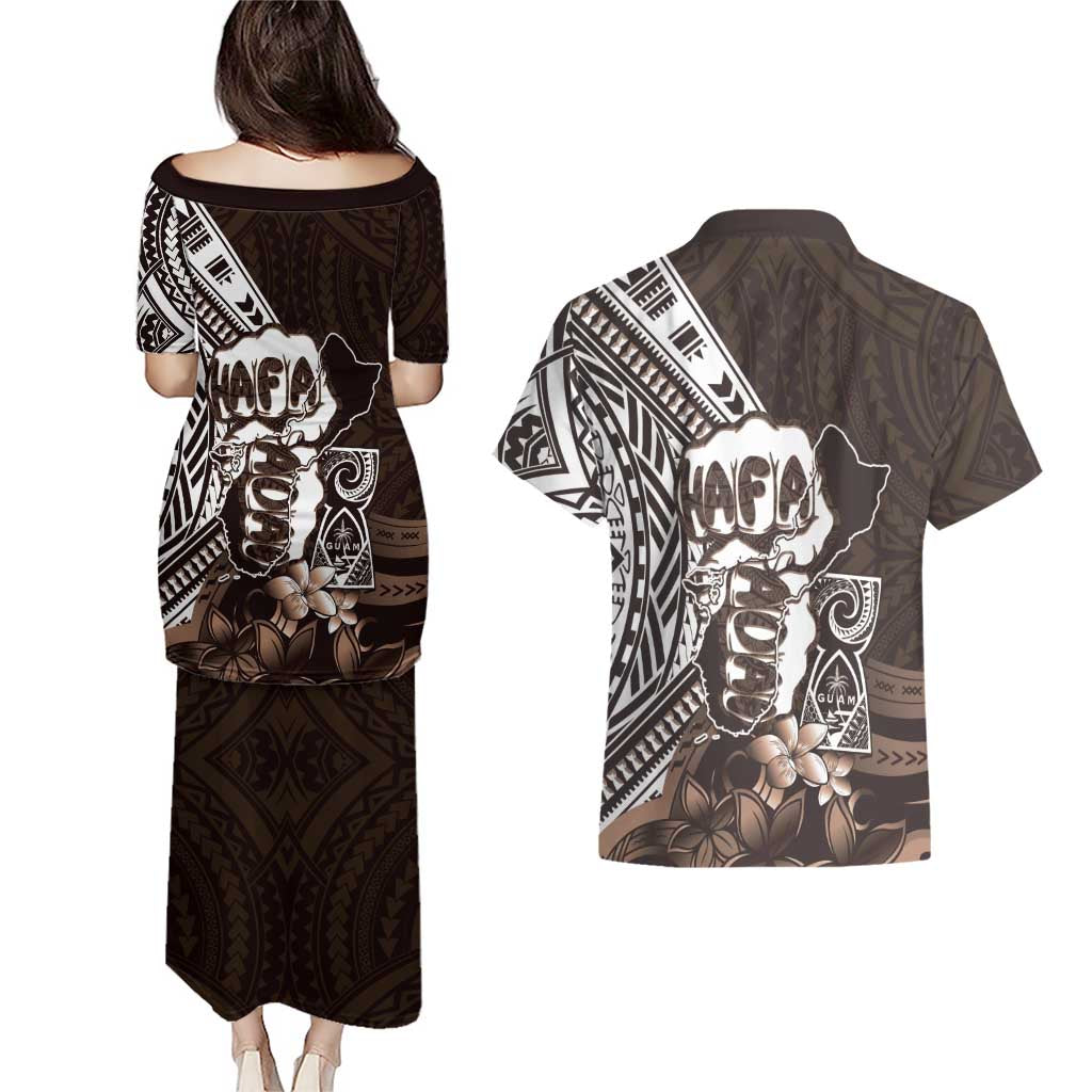 Hafa Adai Guam Discovery Day Couples Matching Puletasi and Hawaiian Shirt Chamorro Latte Stone Hand Brown Version