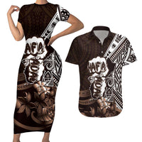 Hafa Adai Guam Discovery Day Couples Matching Short Sleeve Bodycon Dress and Hawaiian Shirt Chamorro Latte Stone Hand Brown Version