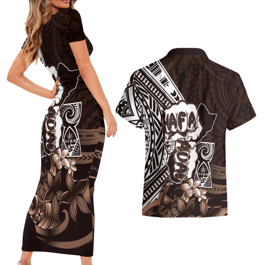 Hafa Adai Guam Discovery Day Couples Matching Short Sleeve Bodycon Dress and Hawaiian Shirt Chamorro Latte Stone Hand Brown Version
