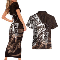Hafa Adai Guam Discovery Day Couples Matching Short Sleeve Bodycon Dress and Hawaiian Shirt Chamorro Latte Stone Hand Brown Version
