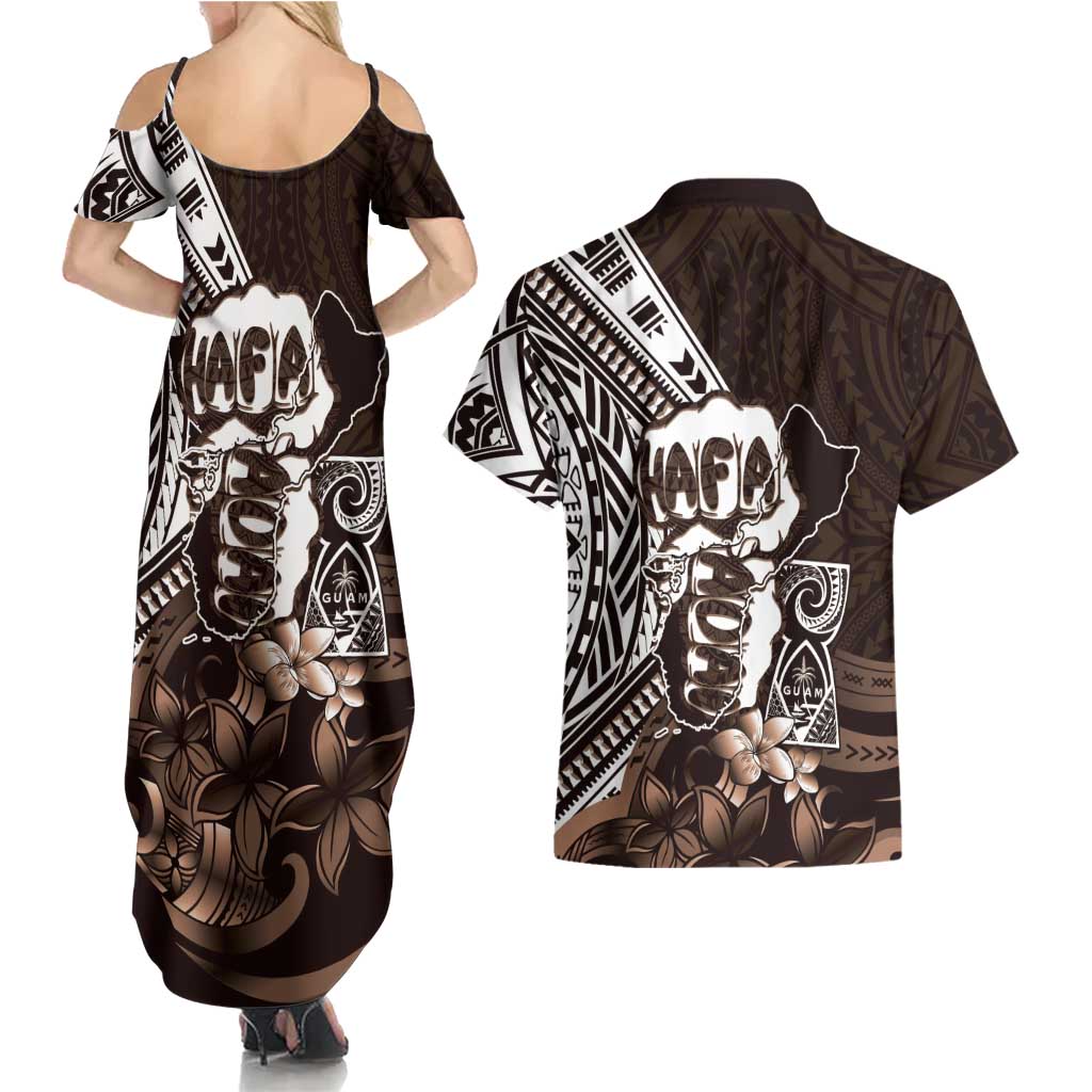 Hafa Adai Guam Discovery Day Couples Matching Summer Maxi Dress and Hawaiian Shirt Chamorro Latte Stone Hand Brown Version