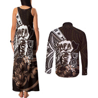 Hafa Adai Guam Discovery Day Couples Matching Tank Maxi Dress and Long Sleeve Button Shirt Chamorro Latte Stone Hand Brown Version