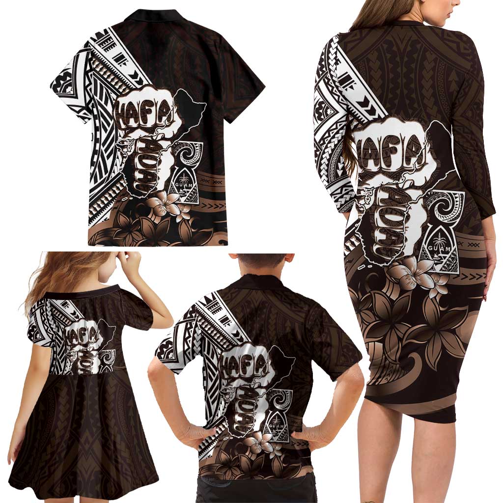 Hafa Adai Guam Discovery Day Family Matching Long Sleeve Bodycon Dress and Hawaiian Shirt Chamorro Latte Stone Hand Brown Version LT14 - Polynesian Pride