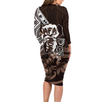 Hafa Adai Guam Discovery Day Family Matching Long Sleeve Bodycon Dress and Hawaiian Shirt Chamorro Latte Stone Hand Brown Version LT14 - Polynesian Pride