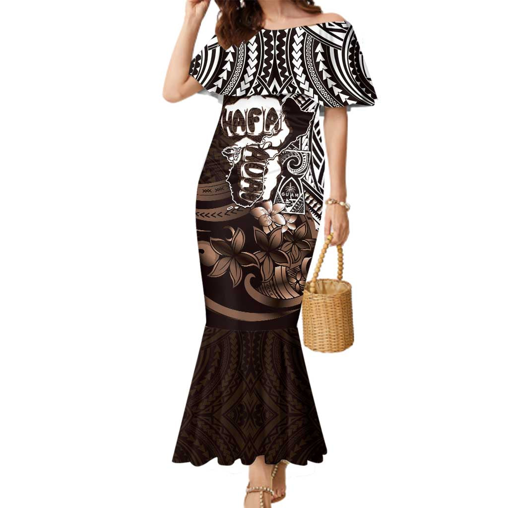 Hafa Adai Guam Discovery Day Family Matching Mermaid Dress and Hawaiian Shirt Chamorro Latte Stone Hand Brown Version LT14 Mom's Dress Brown - Polynesian Pride