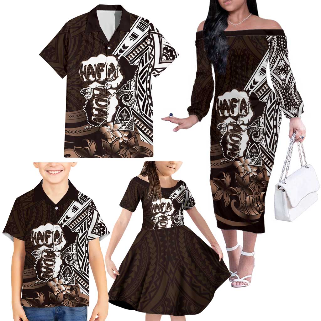 Hafa Adai Guam Discovery Day Family Matching Off The Shoulder Long Sleeve Dress and Hawaiian Shirt Chamorro Latte Stone Hand Brown Version