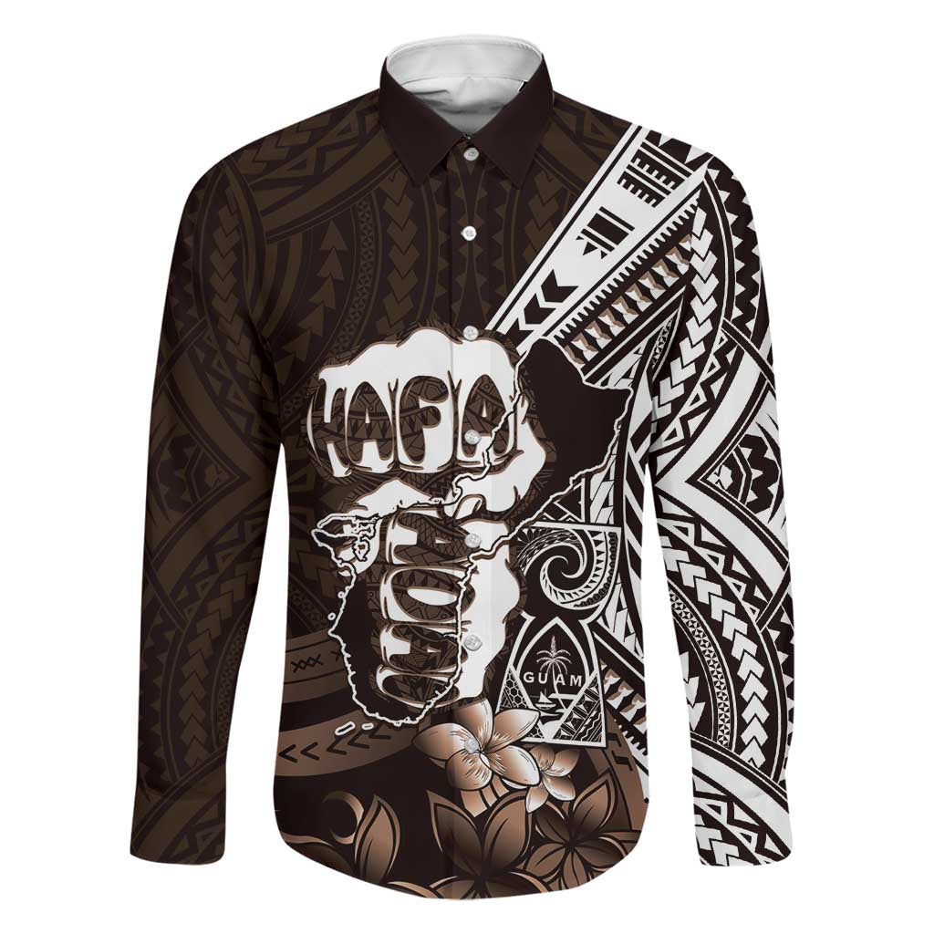 Hafa Adai Guam Discovery Day Family Matching Off The Shoulder Long Sleeve Dress and Hawaiian Shirt Chamorro Latte Stone Hand Brown Version LT14 Dad's Shirt - Long Sleeve Brown - Polynesian Pride