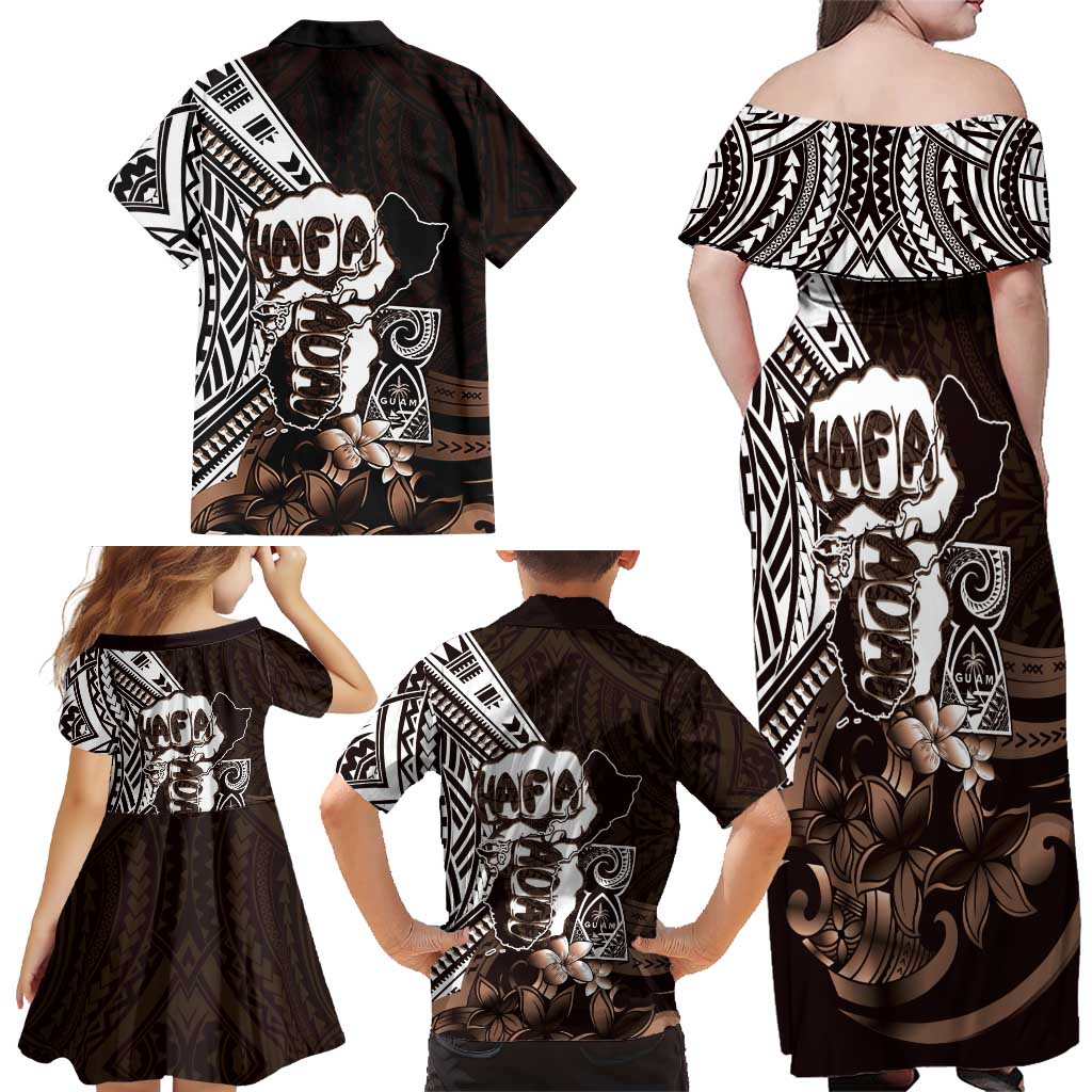Hafa Adai Guam Discovery Day Family Matching Off Shoulder Maxi Dress and Hawaiian Shirt Chamorro Latte Stone Hand Brown Version