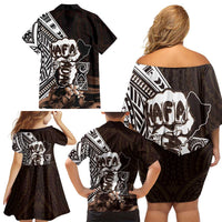 Hafa Adai Guam Discovery Day Family Matching Off Shoulder Short Dress and Hawaiian Shirt Chamorro Latte Stone Hand Brown Version