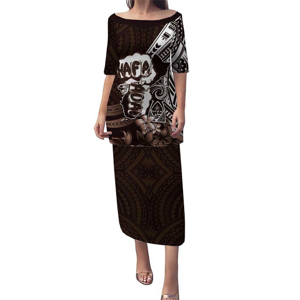 Hafa Adai Guam Discovery Day Family Matching Puletasi and Hawaiian Shirt Chamorro Latte Stone Hand Brown Version