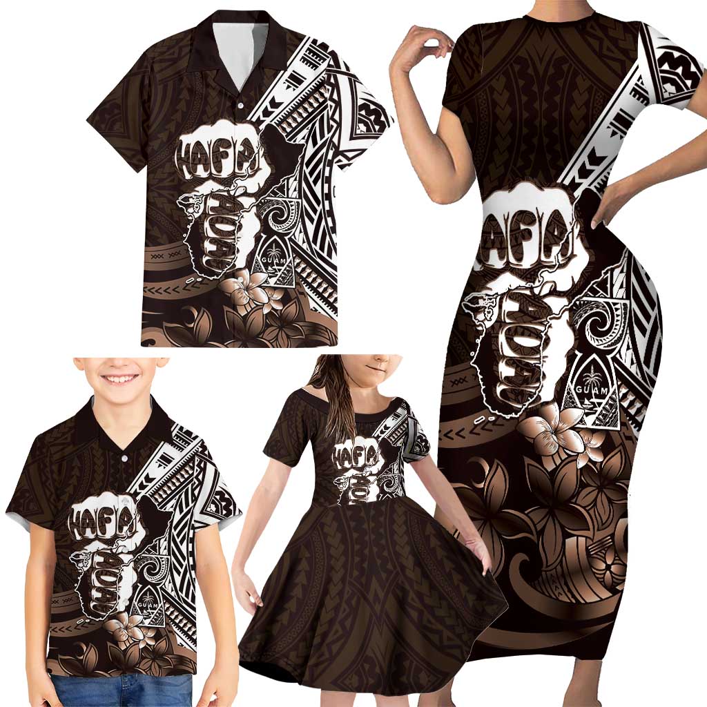 Hafa Adai Guam Discovery Day Family Matching Short Sleeve Bodycon Dress and Hawaiian Shirt Chamorro Latte Stone Hand Brown Version LT14 - Polynesian Pride
