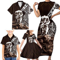 Hafa Adai Guam Discovery Day Family Matching Short Sleeve Bodycon Dress and Hawaiian Shirt Chamorro Latte Stone Hand Brown Version LT14 - Polynesian Pride