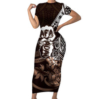 Hafa Adai Guam Discovery Day Family Matching Short Sleeve Bodycon Dress and Hawaiian Shirt Chamorro Latte Stone Hand Brown Version LT14 Mom's Dress Brown - Polynesian Pride