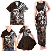 Hafa Adai Guam Discovery Day Family Matching Tank Maxi Dress and Hawaiian Shirt Chamorro Latte Stone Hand Brown Version