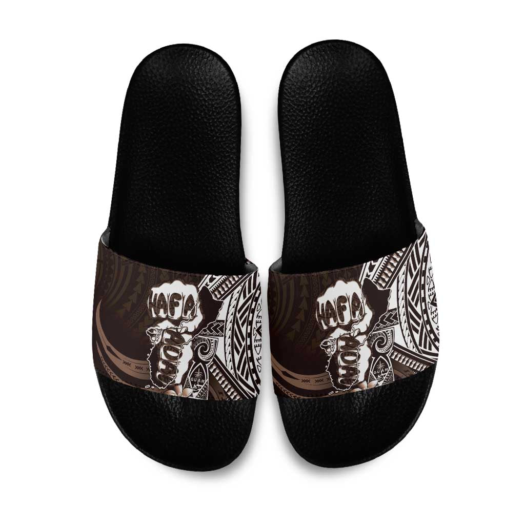 Hafa Adai Guam Discovery Day Slide Sandals Chamorro Latte Stone Hand Brown Version