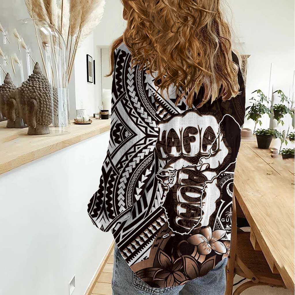 Hafa Adai Guam Discovery Day Women Casual Shirt Chamorro Latte Stone Hand Brown Version