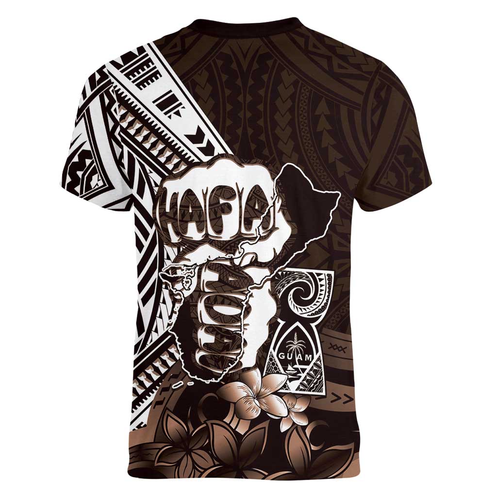 Hafa Adai Guam Discovery Day Women V-Neck T-Shirt Chamorro Latte Stone Hand Brown Version