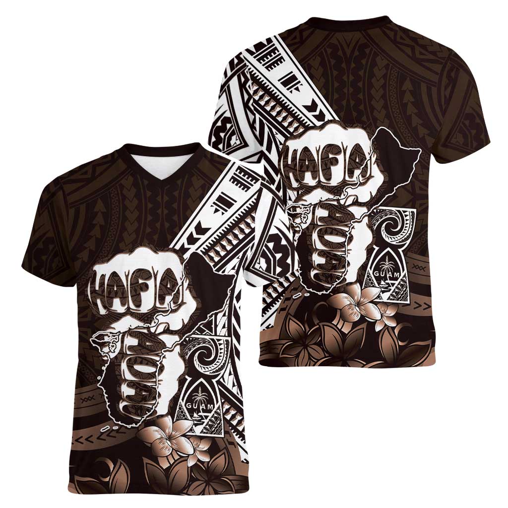 Hafa Adai Guam Discovery Day Women V-Neck T-Shirt Chamorro Latte Stone Hand Brown Version