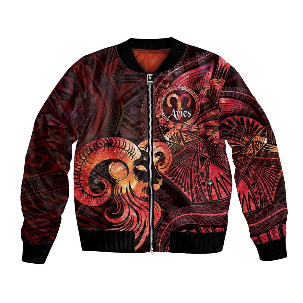 Personalised Polynesia Zodiac Aries Bomber Jacket Galaxy Polynesian Pattern Chest Tattoo Style