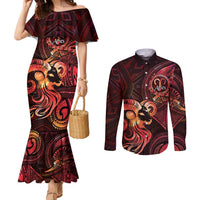 Personalised Polynesia Zodiac Aries Couples Matching Mermaid Dress and Long Sleeve Button Shirt Galaxy Polynesian Pattern Chest Tattoo Style