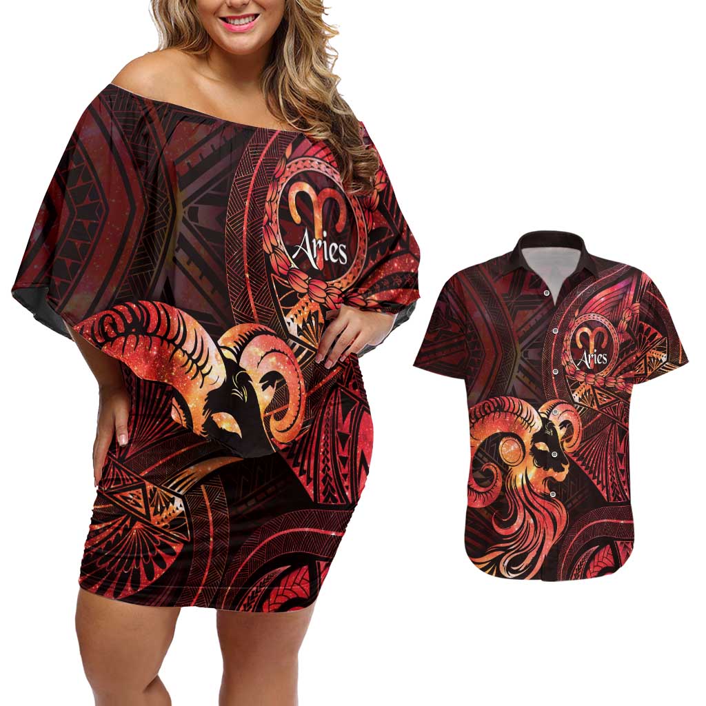 Personalised Polynesia Zodiac Aries Couples Matching Off Shoulder Short Dress and Hawaiian Shirt Galaxy Polynesian Pattern Chest Tattoo Style