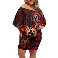 Personalised Polynesia Zodiac Aries Family Matching Off Shoulder Short Dress and Hawaiian Shirt Galaxy Polynesian Pattern Chest Tattoo Style